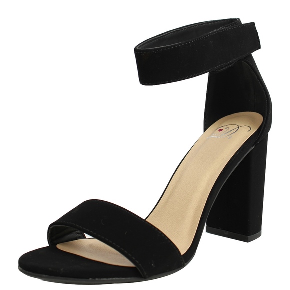 Shoes - Black Open Toe Ankle Strap Velcro Closure Heel